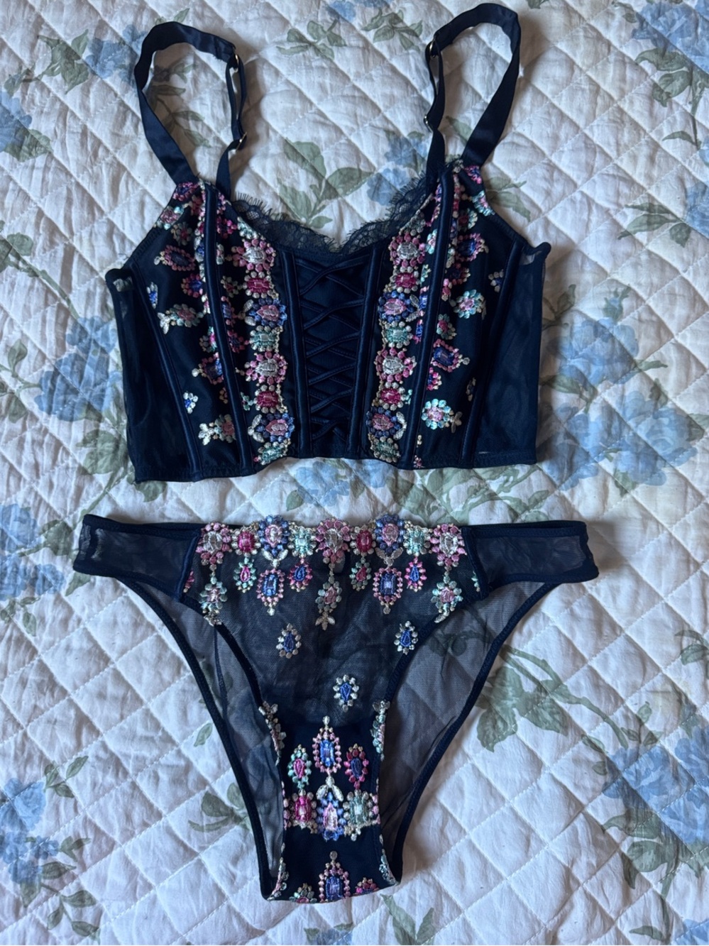 Victoria's Secret Black Embroidered Sheer Bralette & Bikini Set